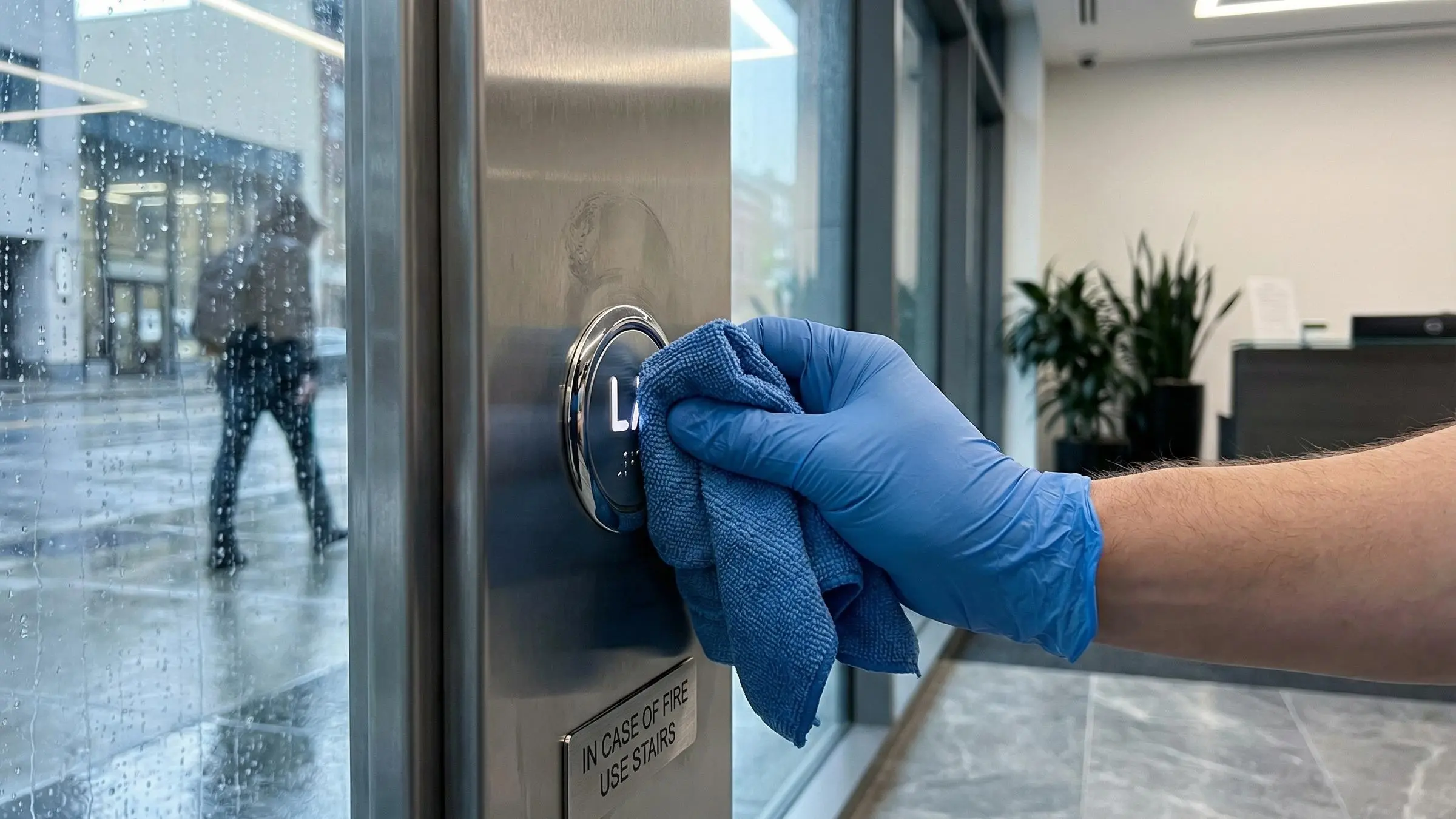 Janitor cleaning modern Houston office, highlighting office cleaning in Houston for workplace safety