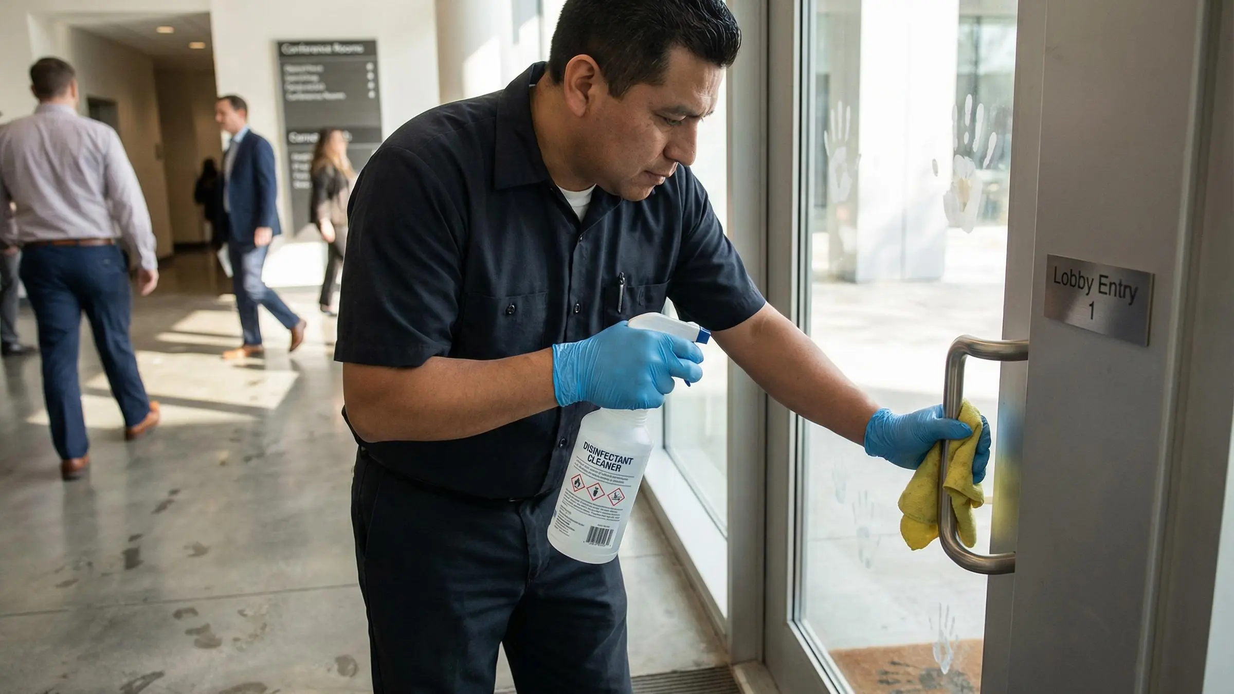 Professional janitorial companies in Houston team cleaning office space for health and hygiene