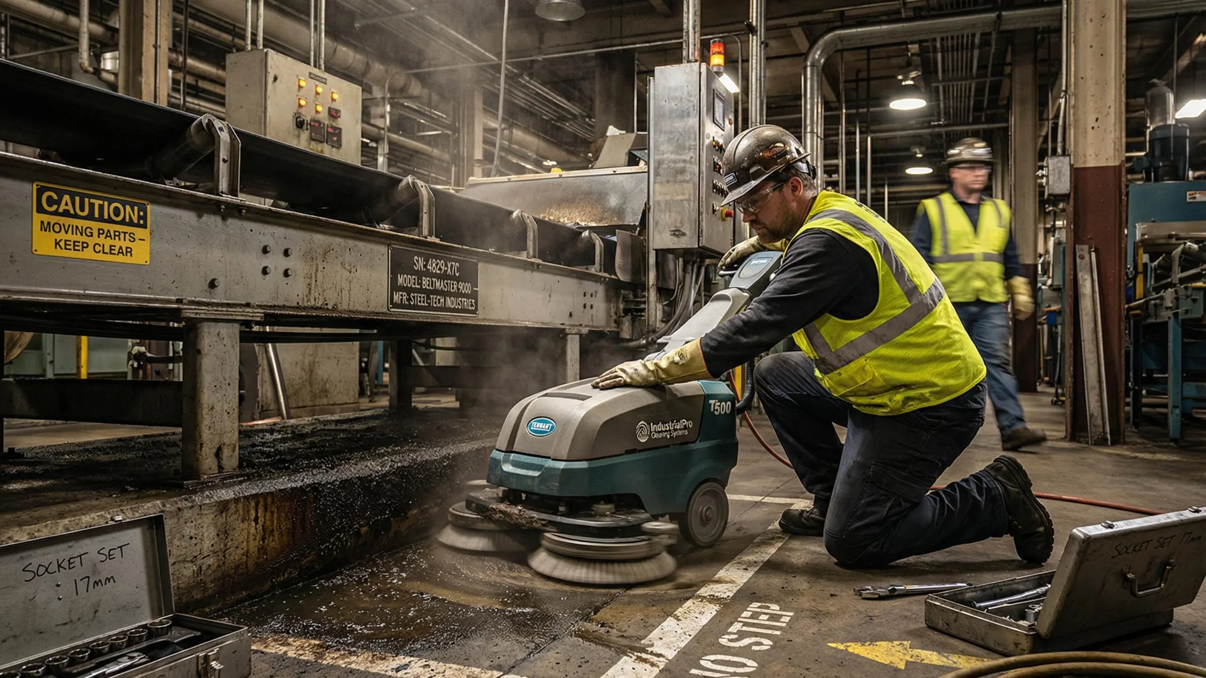 Team performing industrial cleaning services in Houston warehouse with specialized equipment