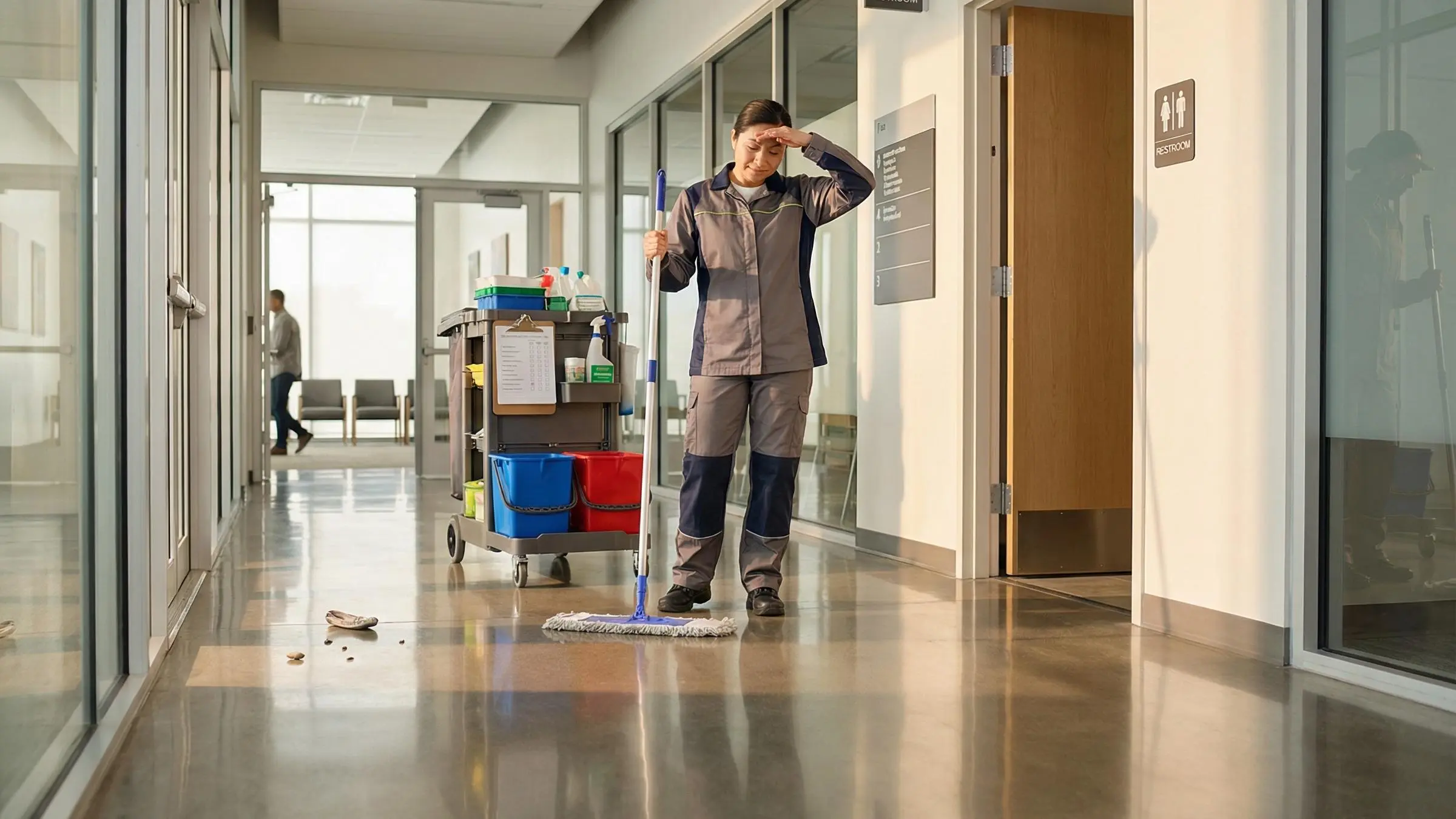 Workers performing building cleaning and maintenance on a glass office exterior with professional equipment