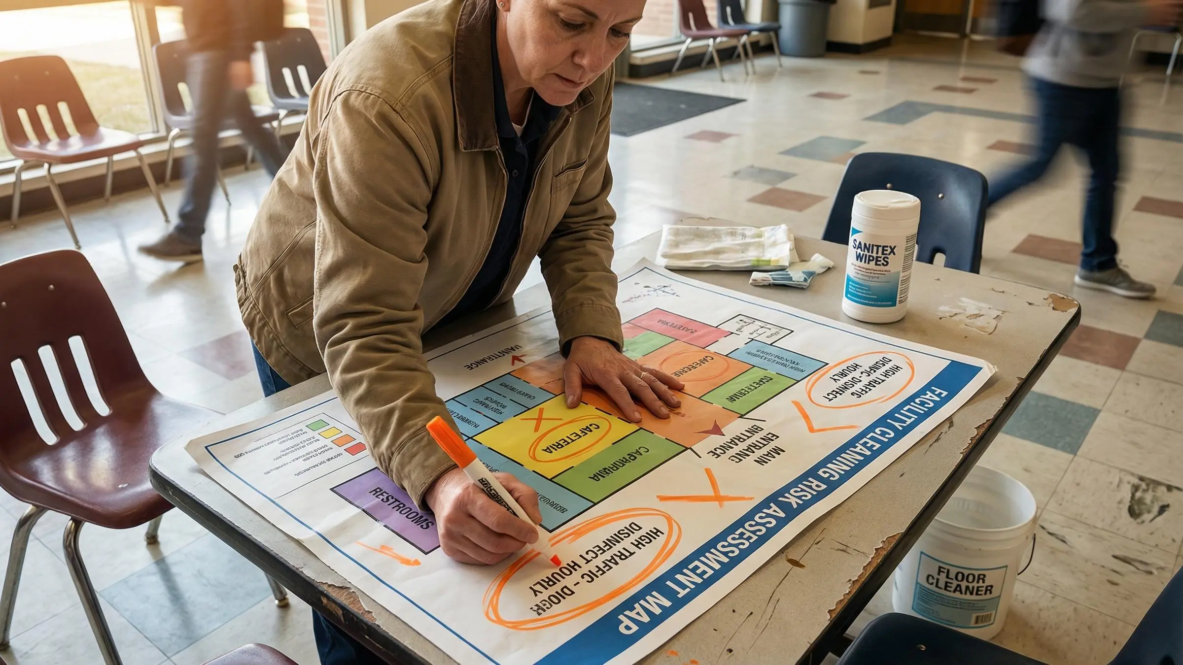 Facility management cleaning team following a risk-based cleaning plan in a modern office environment