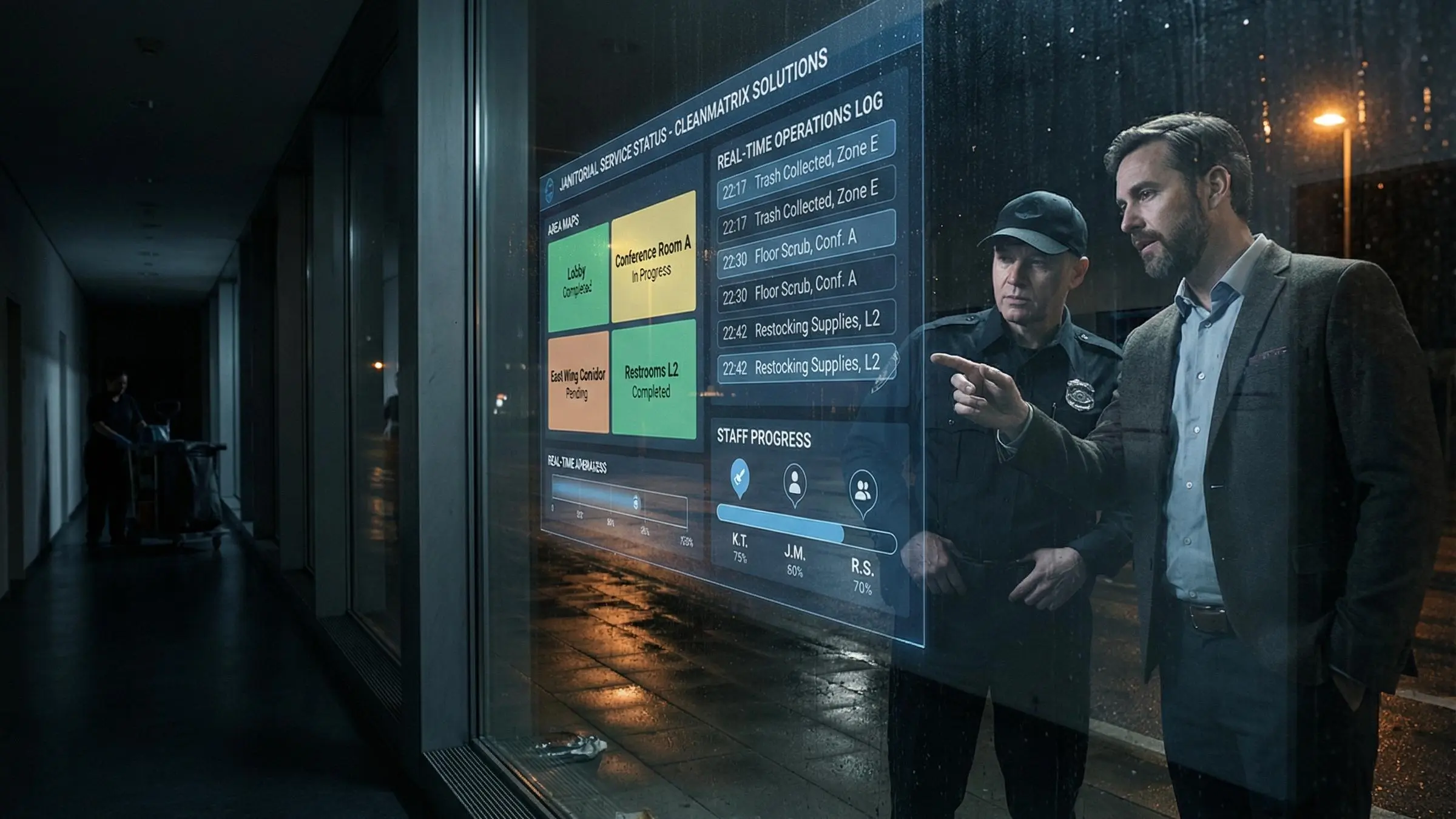 Commercial cleaners discussing janitorial service transparency in a Houston office building