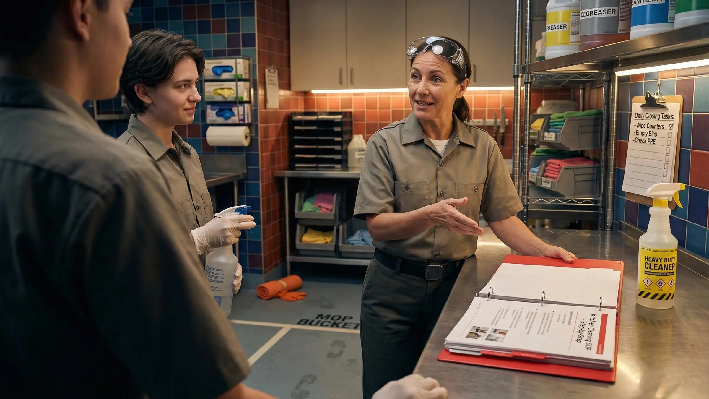 Illustration of standard operating procedures for cleaning with checklist and cleaning supplies