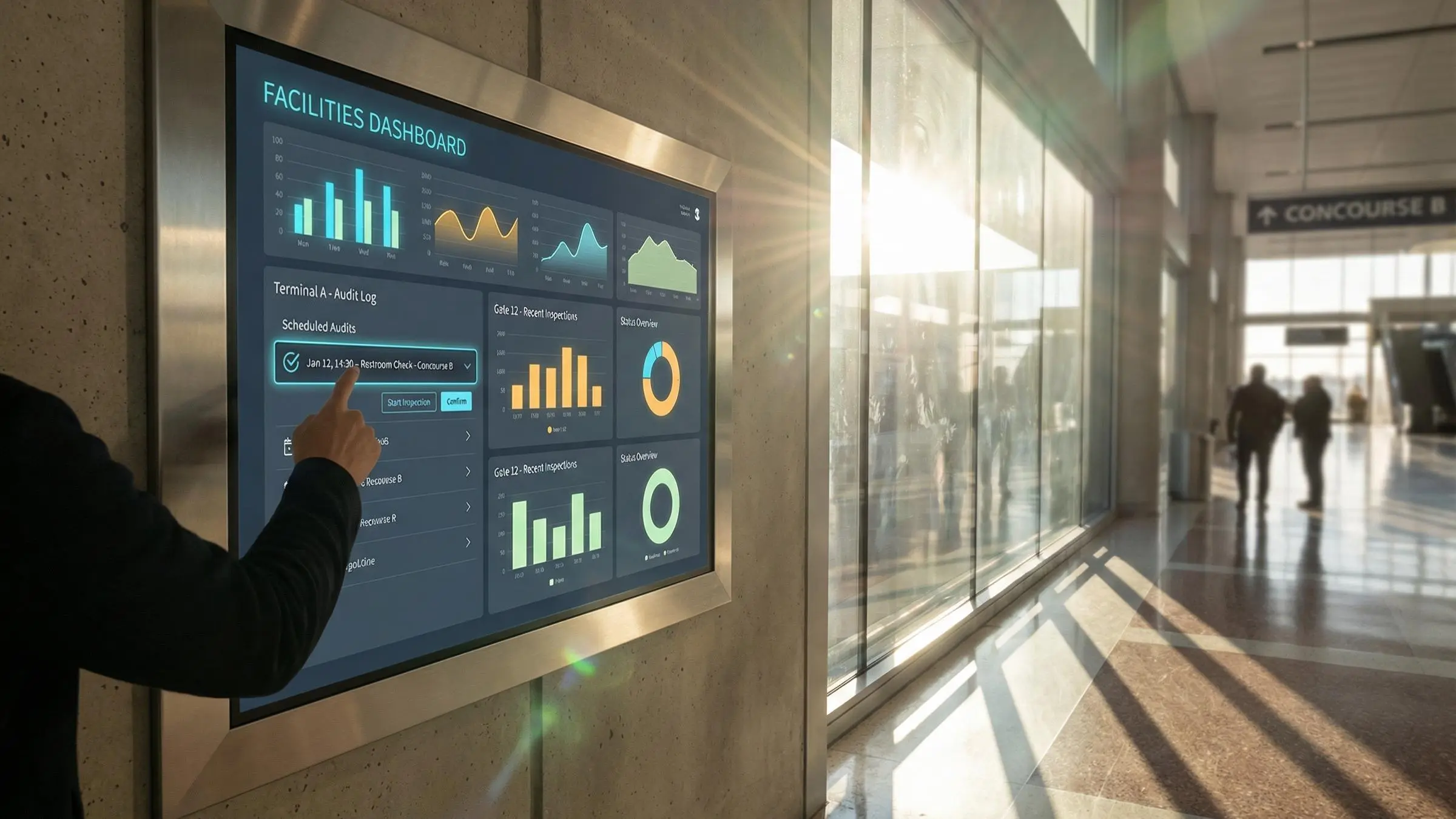 Facility manager reviewing checklist with cleaning facility management companies staff onsite