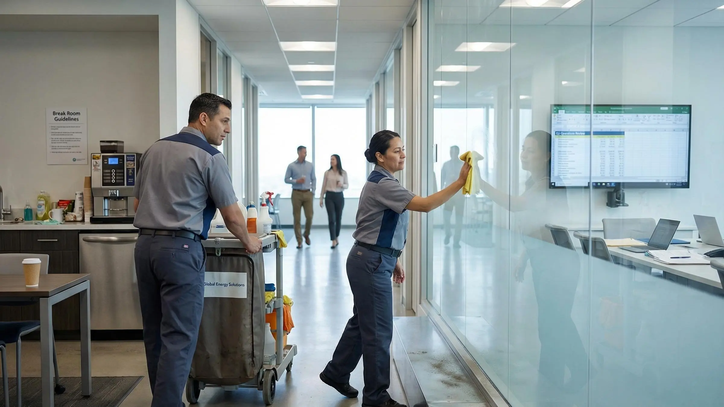 Office cleaners disinfecting desks in a Houston oil & gas company, highlighting commercial office cleaning needs
