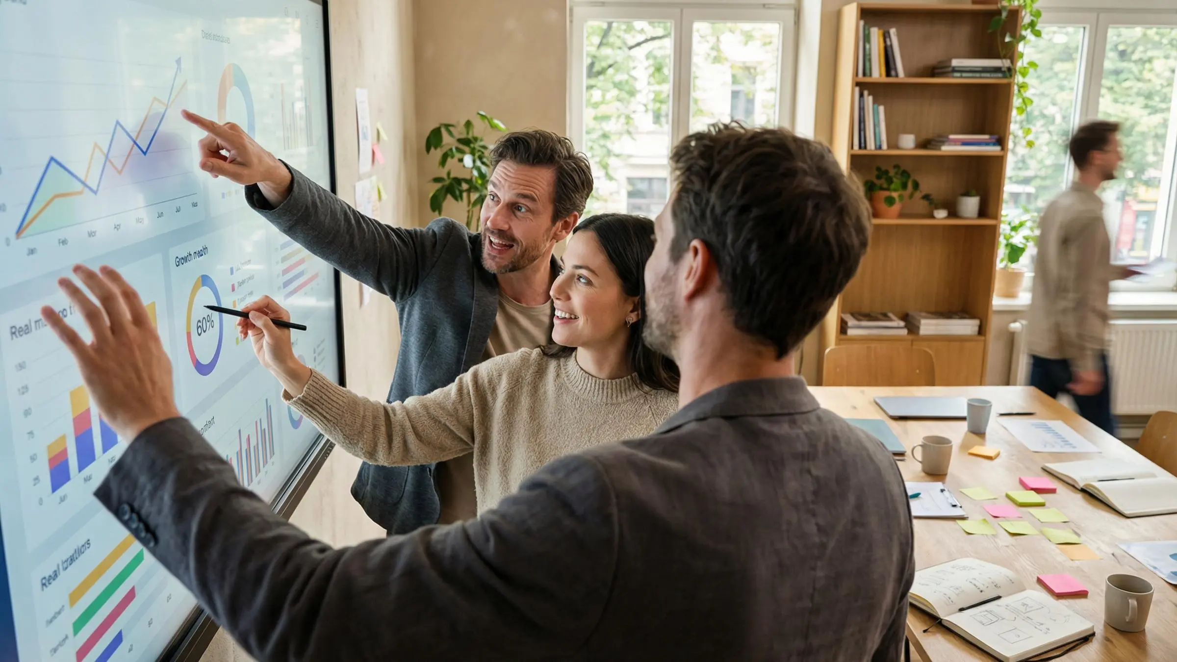 B2b growth marketing strategy concept with upward graph and business professionals collaborating