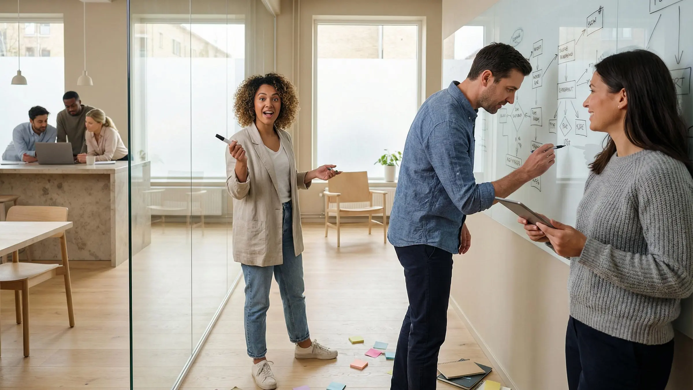 Modern workspace with creative team collaborating, representing design strategy firms in action