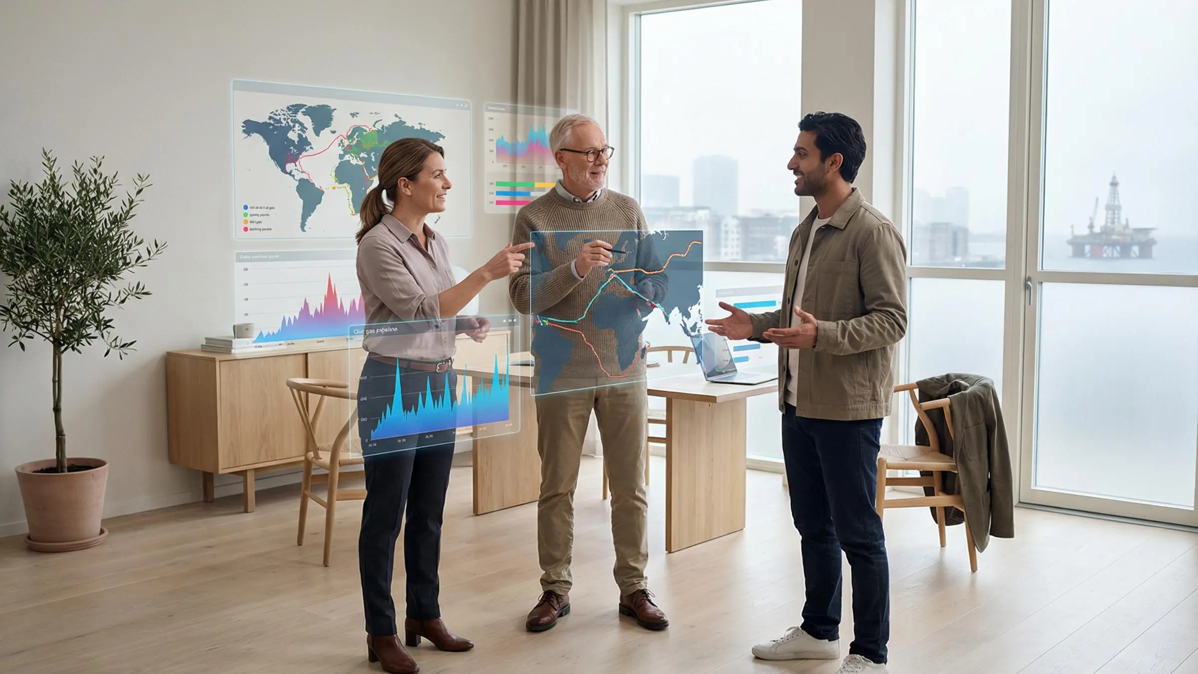 Business team analyzing oil and gas strategy and innovation consulting solutions on digital dashboard