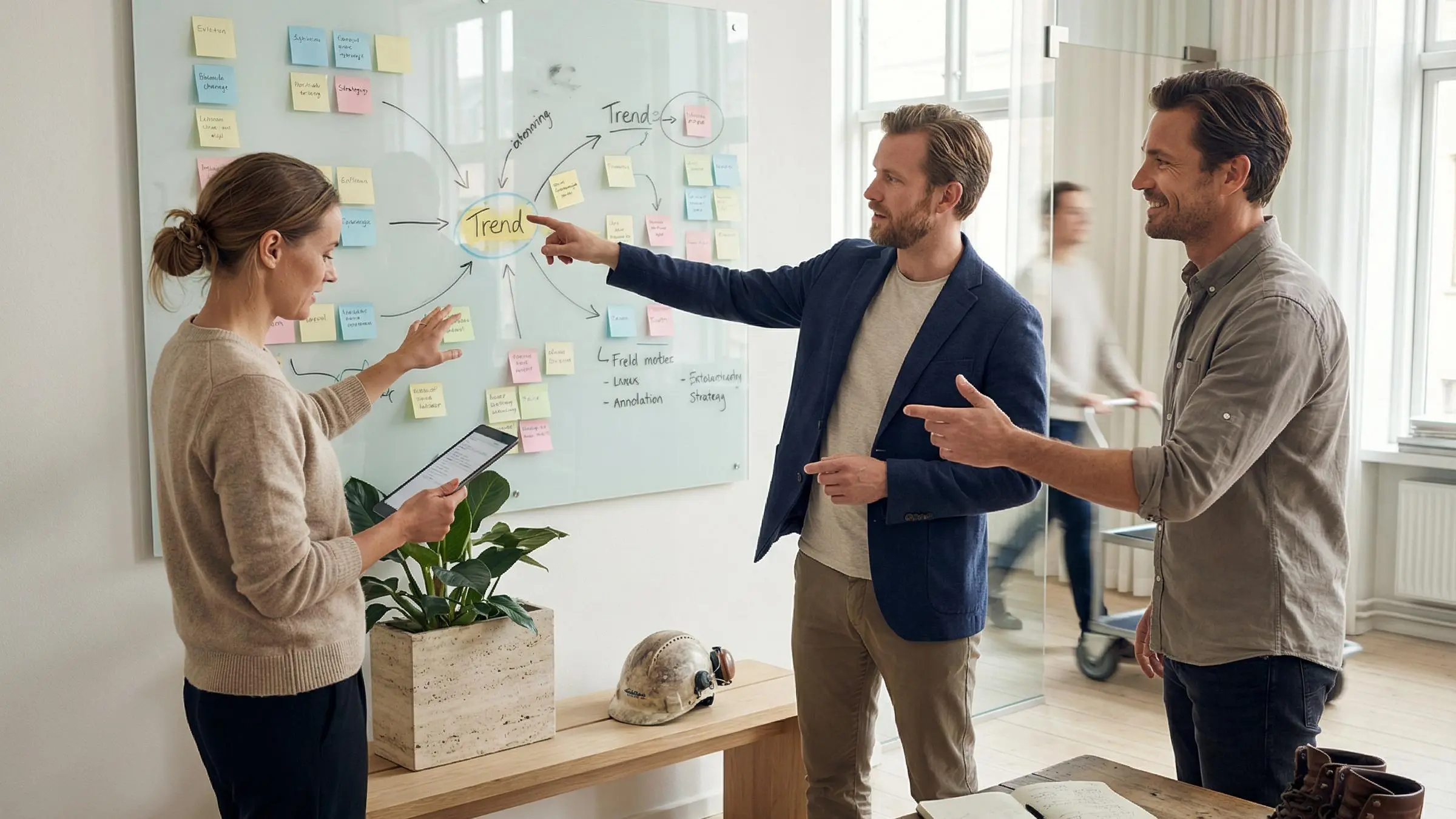 Team brainstorming in a modern office at a brand management consulting firm