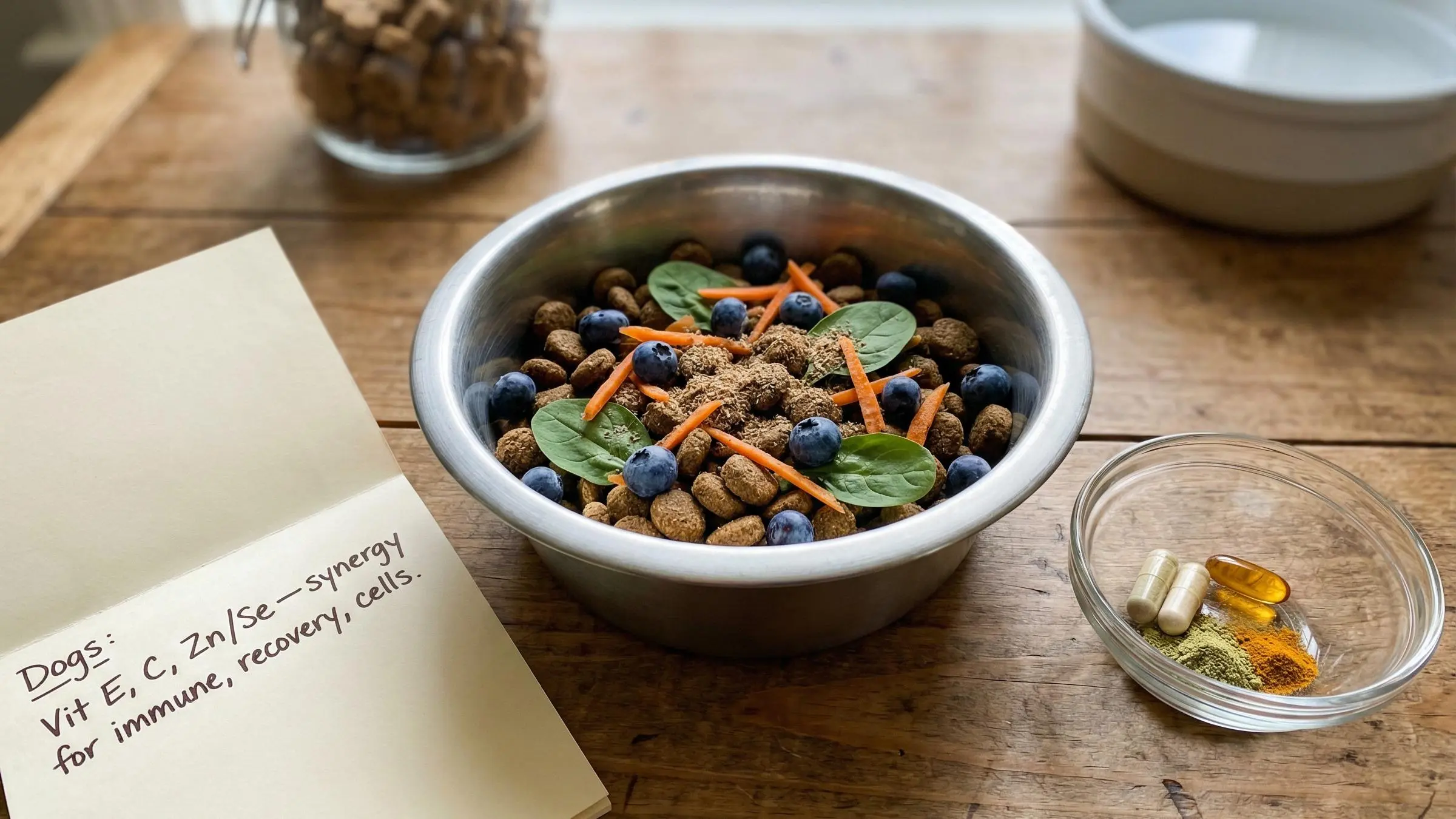 Dog food bowl with fresh ingredients highlighting antioxidants in dog food for canine health