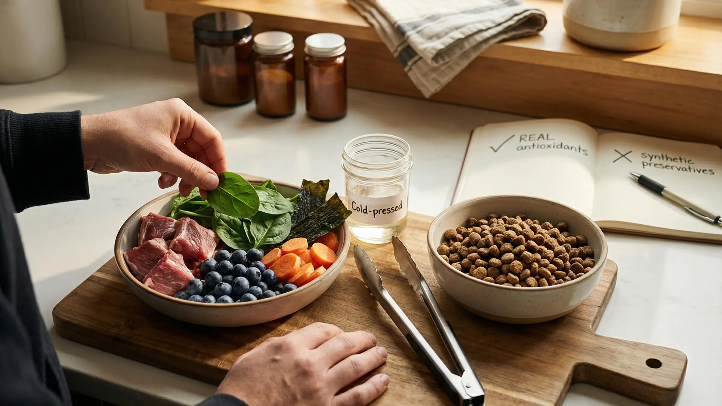 Bowl of dog food with fresh vegetables highlighting antioxidants in dog food benefits