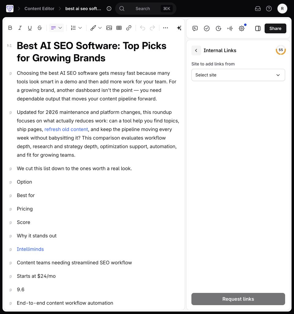 Surfer SEO: Internal Links panel without a connected site