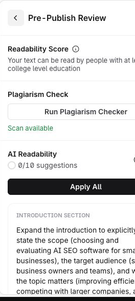 Surfer SEO: AI Readability results on a clean unpublished fixture