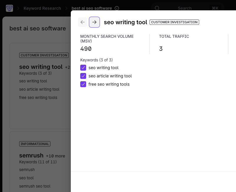 Surfer SEO: Detailed keyword cluster for seo writing tool
