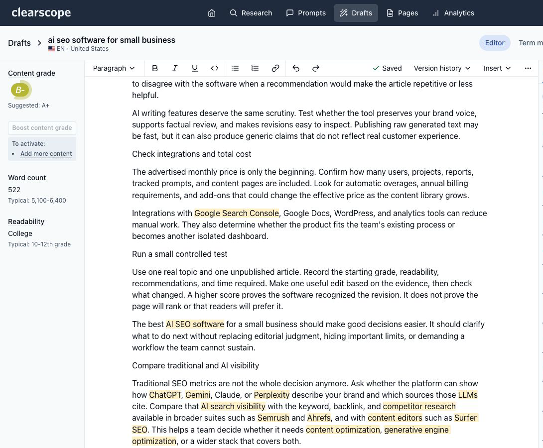 Clearscope: Clearscope recognizes a useful revision in real time