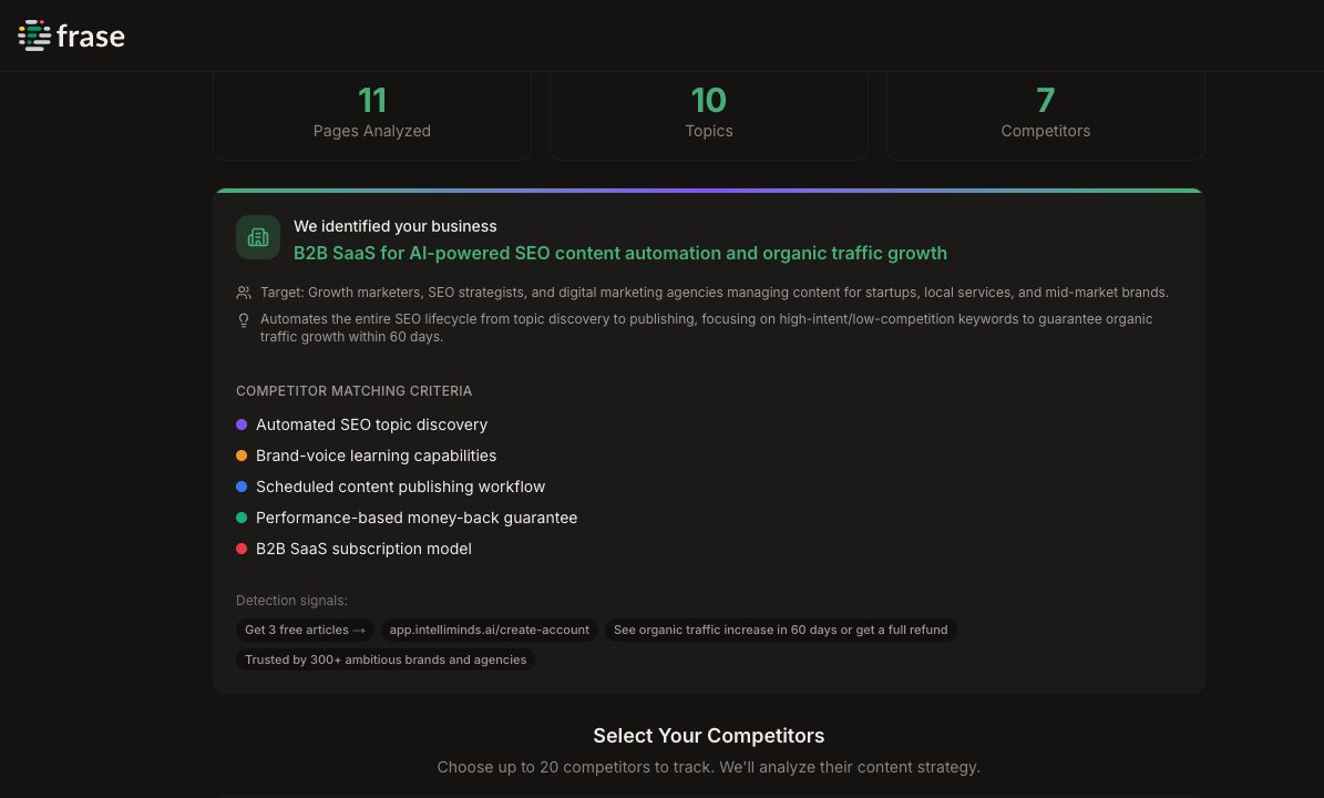 Frase: Frase site onboarding after its initial automated analysis