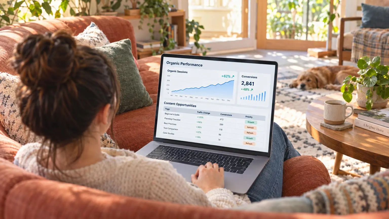 Content performance dashboard showing scalable SEO growth metrics