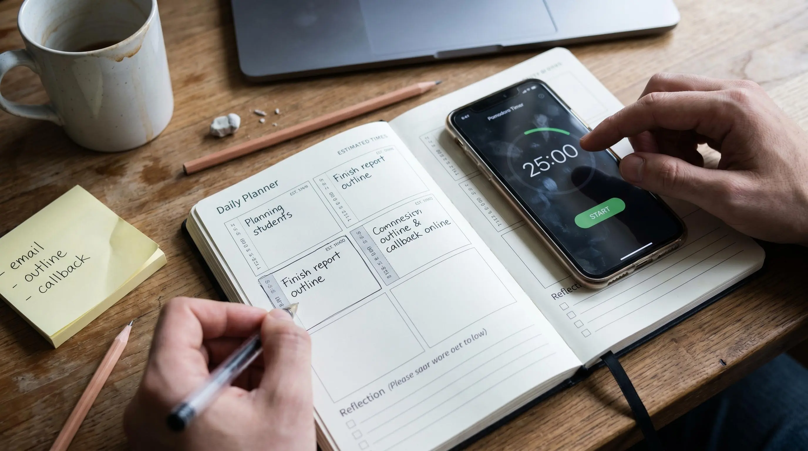 Productivity planner app with a focus timer highlighting essential planner features
