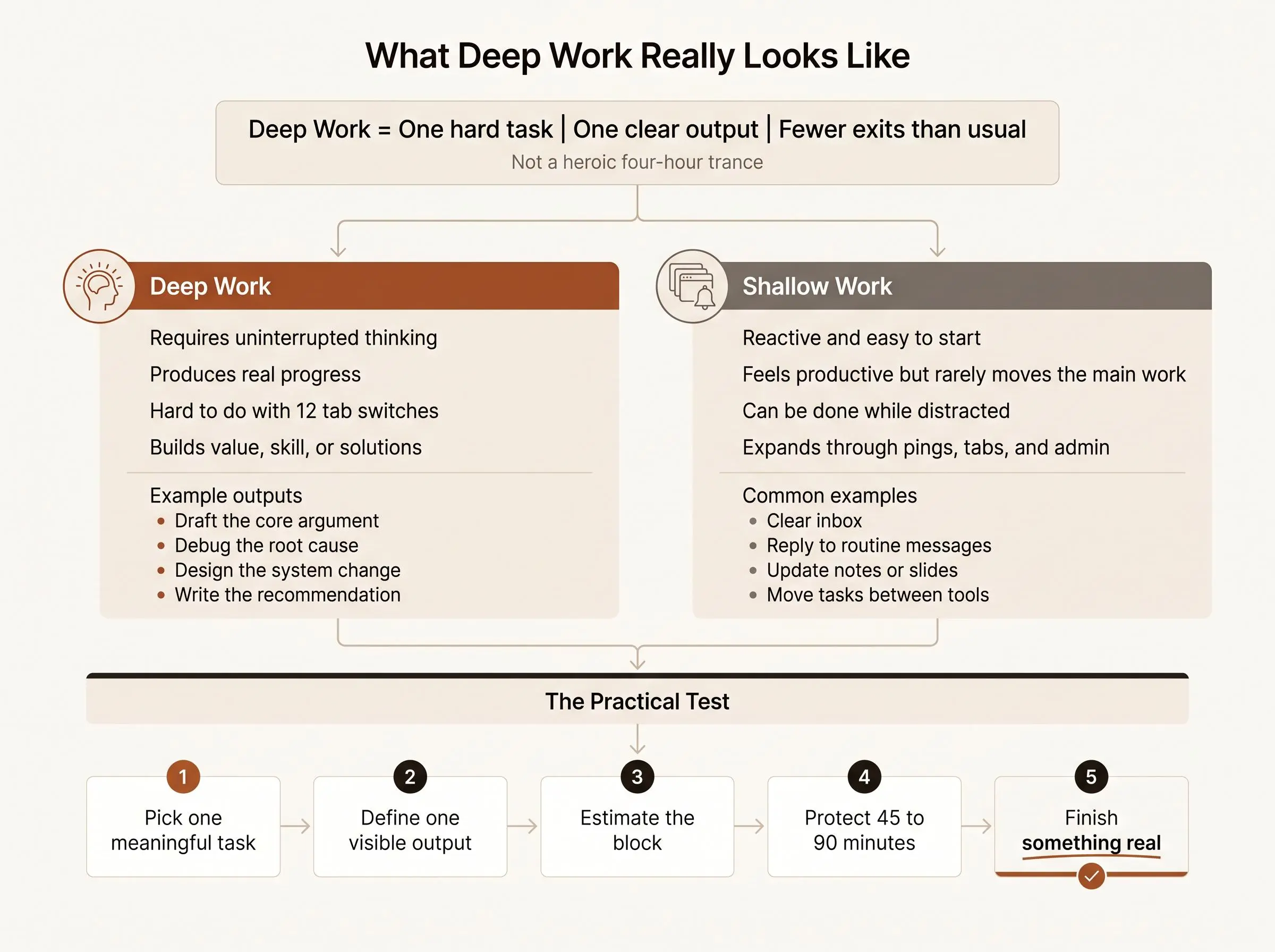 Deep work examples vs shallow work comparison showing clear differences