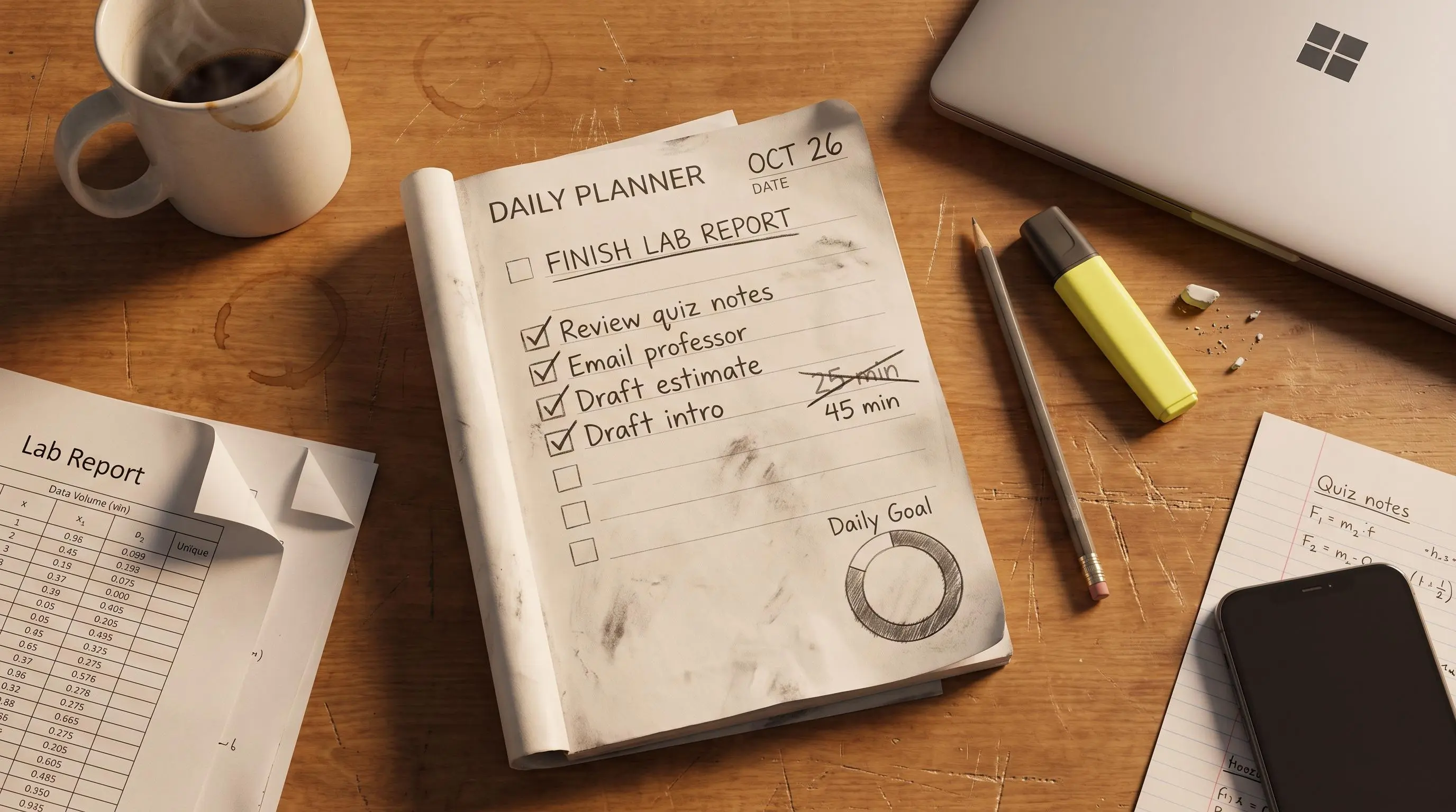 Daily priority planner in a calm workspace